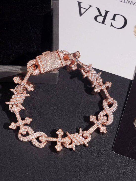 Thorn+Cross Infinity Cuban Bracelet S925 Silver Iced Out VVS Moissanite - Picture 4 of 5